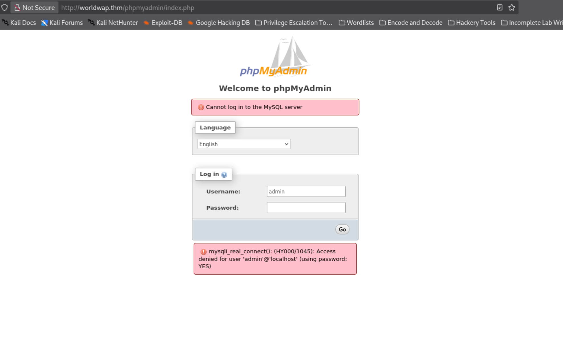 phpMyAdmin login error confirming admin user